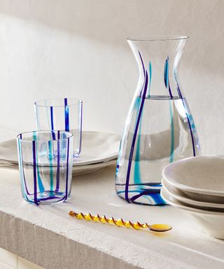 Glass glasses water jug carafe blue stripes