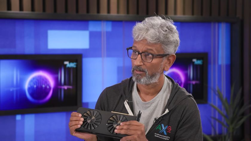 Intel&#039;s Raja Koduri holding an A770