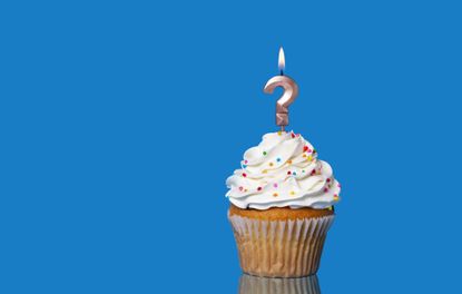 birthday cupcake with a question mark candle