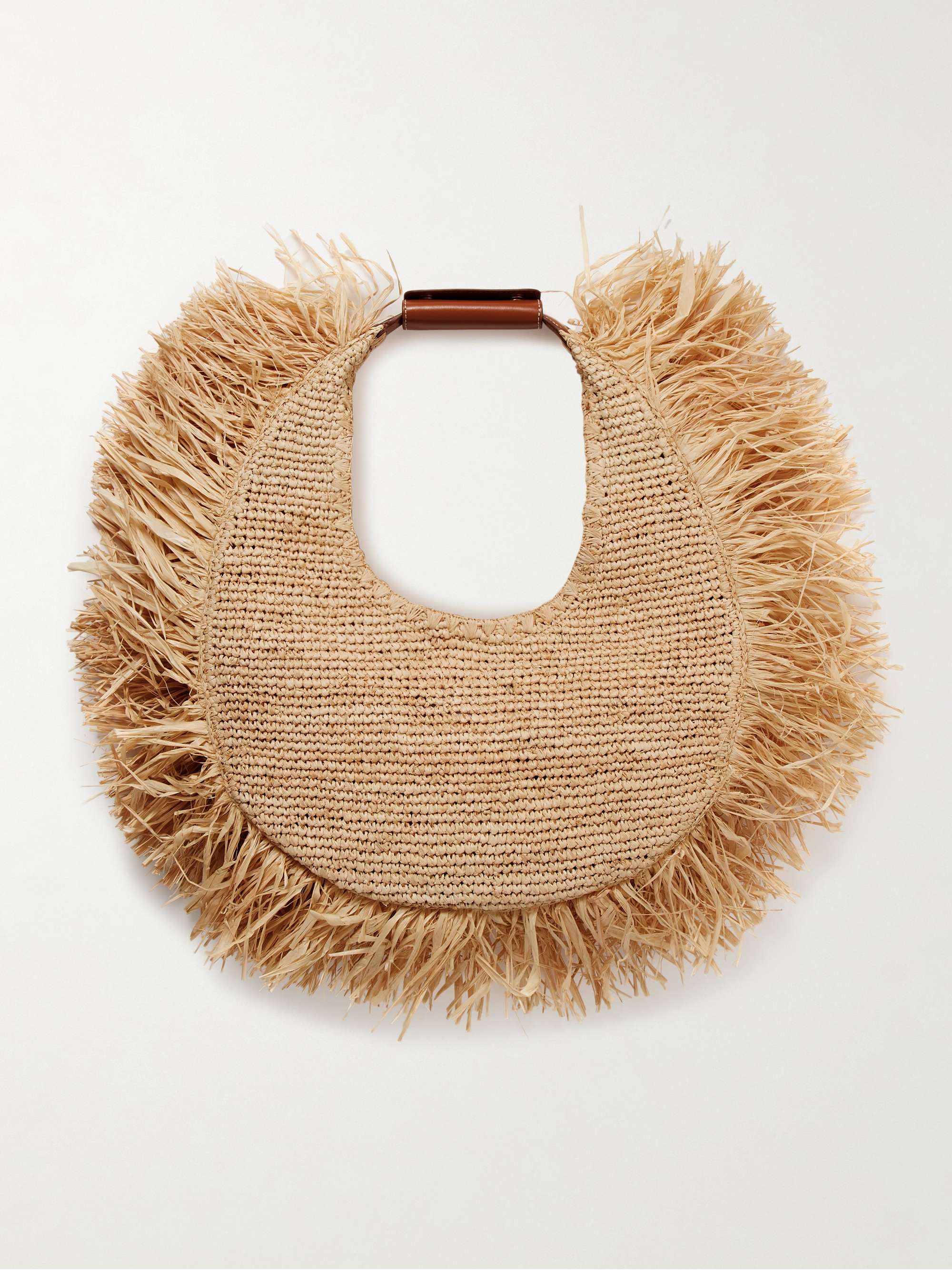 Moon Large Leather-Trimmed Fringed Raffia Tote