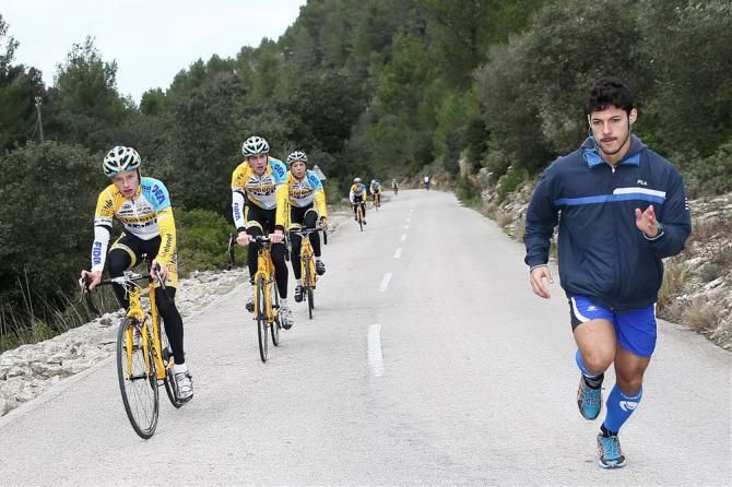 No matter wear pros climb mountains in Europe, there's always somebody to run alongside