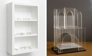Left: a white shelving unit with circular, white forms on the shelves. Right: a transparent plastic structure resembling a chair