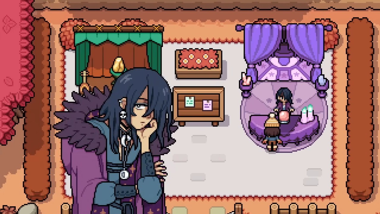Fields of Mistria - Stillwell the merchant talks to the player at his Saturday Market stall