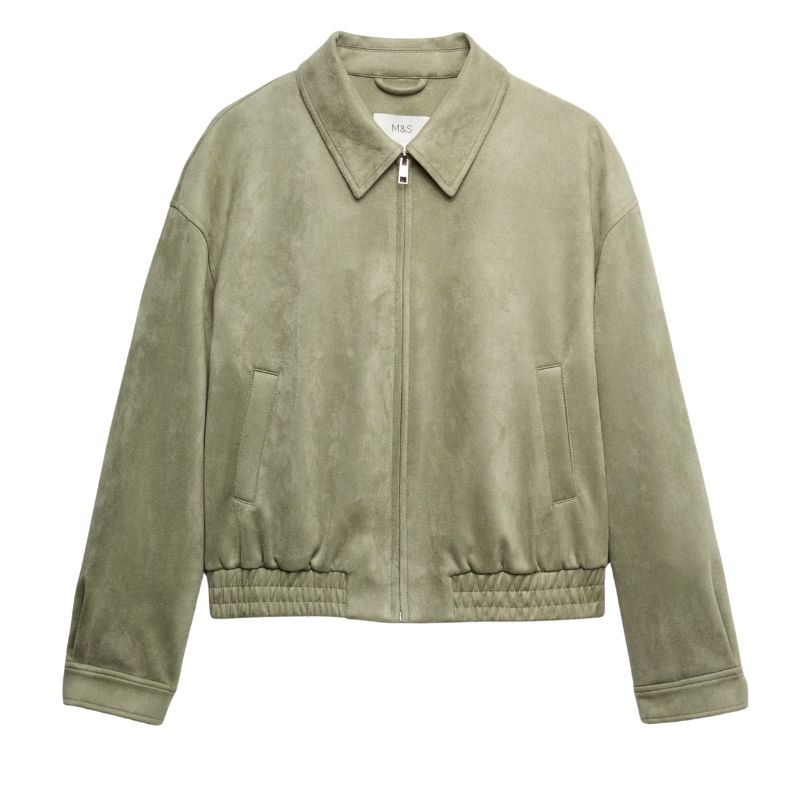 A cutout of a suede effect green bomber jacket by M&amp;amp;S