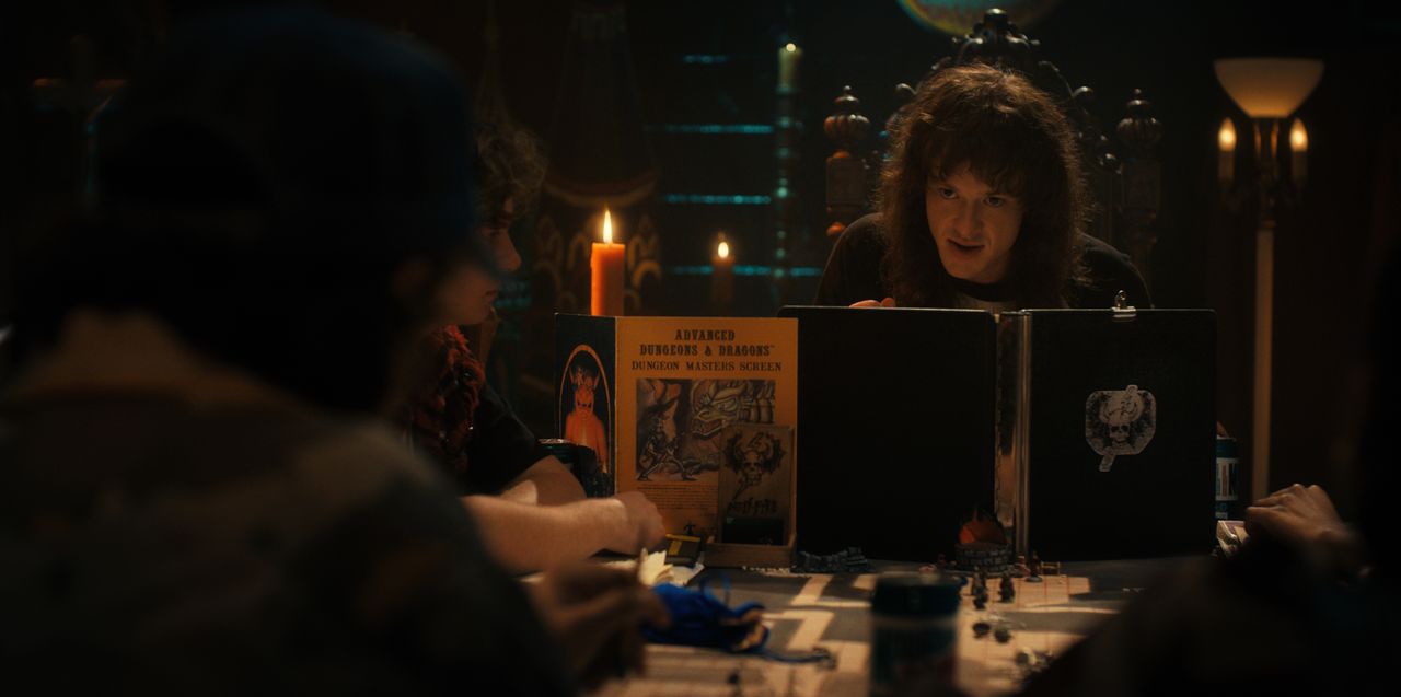 Eddie (Joseph Quinn) leads a special meeting of Hawkins High&rsquo;s D&amp;D club in an official image from Stranger Things season 4