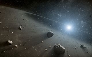 Artist's illustration shows lots of space rocks and a bright star - the sun - in the distance.