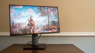best 4K monitor Asus TUF Gaming VG289Q on a wooden desk