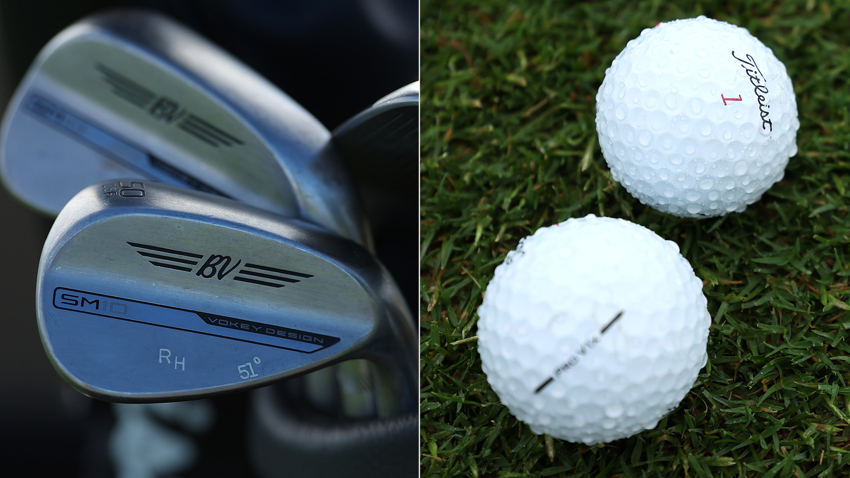 A close up of Titleist wedges and Titleist golf balls
