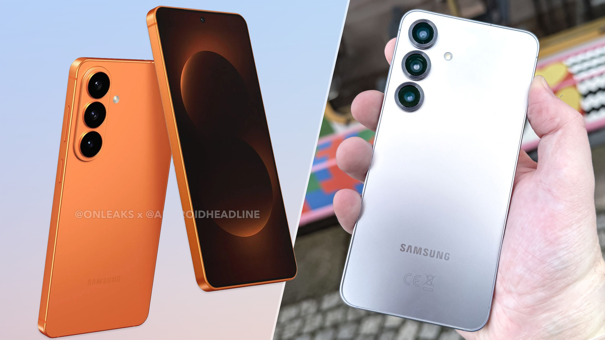 Render of the Galaxy S26 in orange, and the Galaxy S25 held in hand