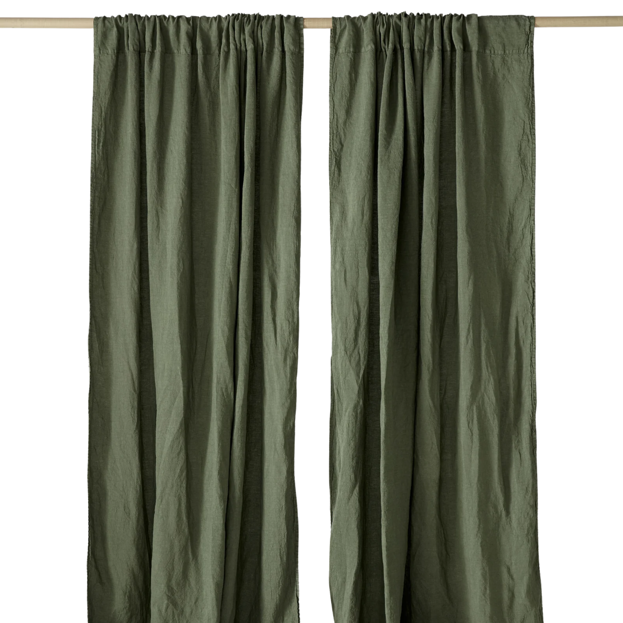 a pair of olive green linen curtains hanging on a wooden rod