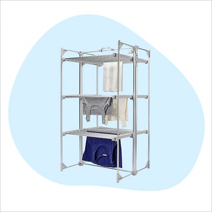 The best heated clothes airer: Dry:soon 3-tier deluxe heated clothes airer on blue graphic
