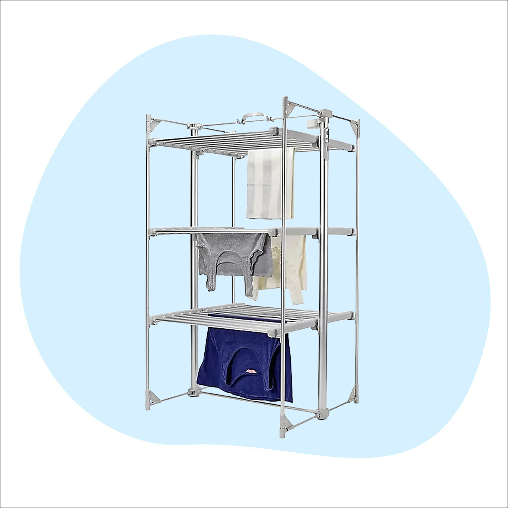 The best heated clothes airer: Dry:soon 3-tier deluxe heated clothes airer on blue graphic