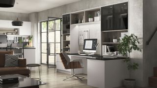 open plan kitchen diner with home office