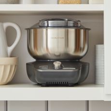 morphy richards mixstar mixer on a white shelf next to a cream jug and bowl