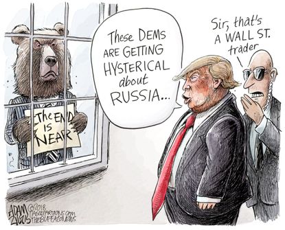 Political cartoon U.S. Trump Russia investigation Dow Jones drop stock market