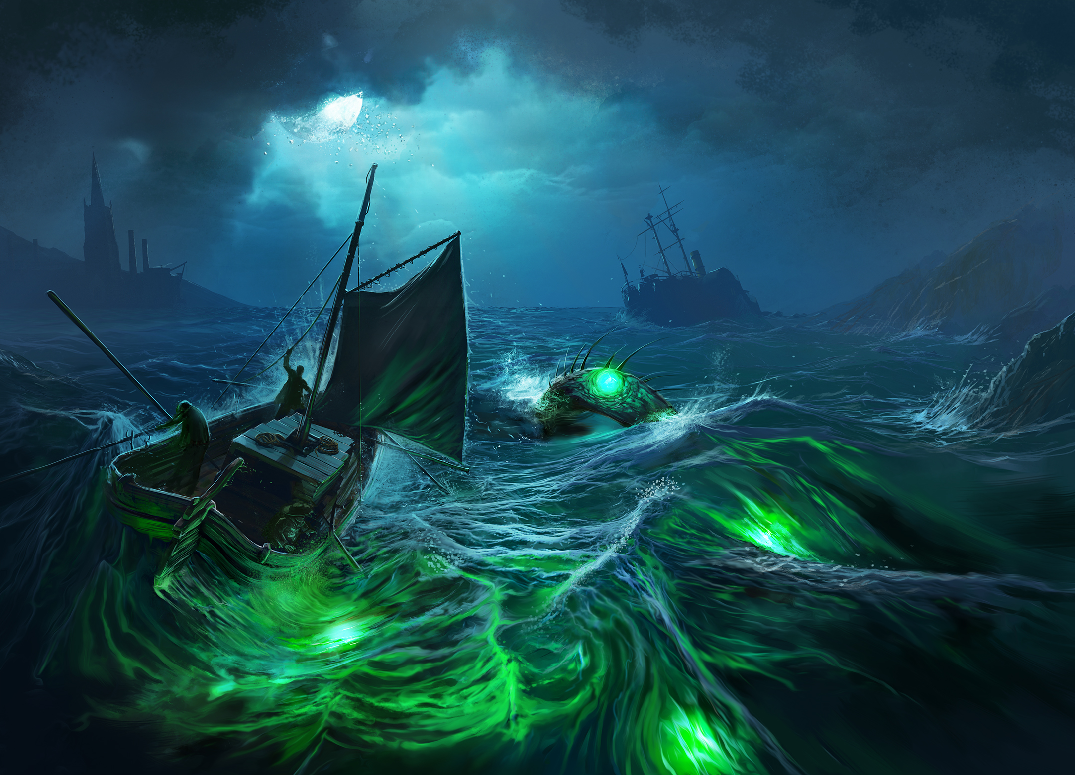 Our Brilliant Ruin; a a boat on glowing waves at night