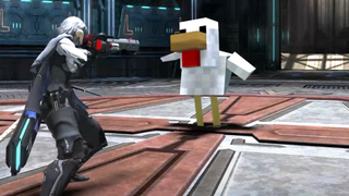 A modded Ninja from Final Fantasy 14 aims a shotgun at a chicken from Minecraft, which looks about as silly as it sounds.