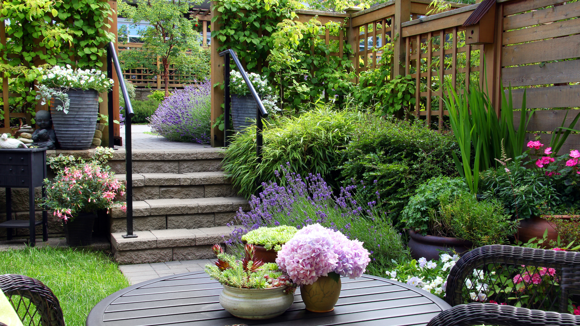 Small townhouse perennial summer garden with pretty fence and outdoor seating