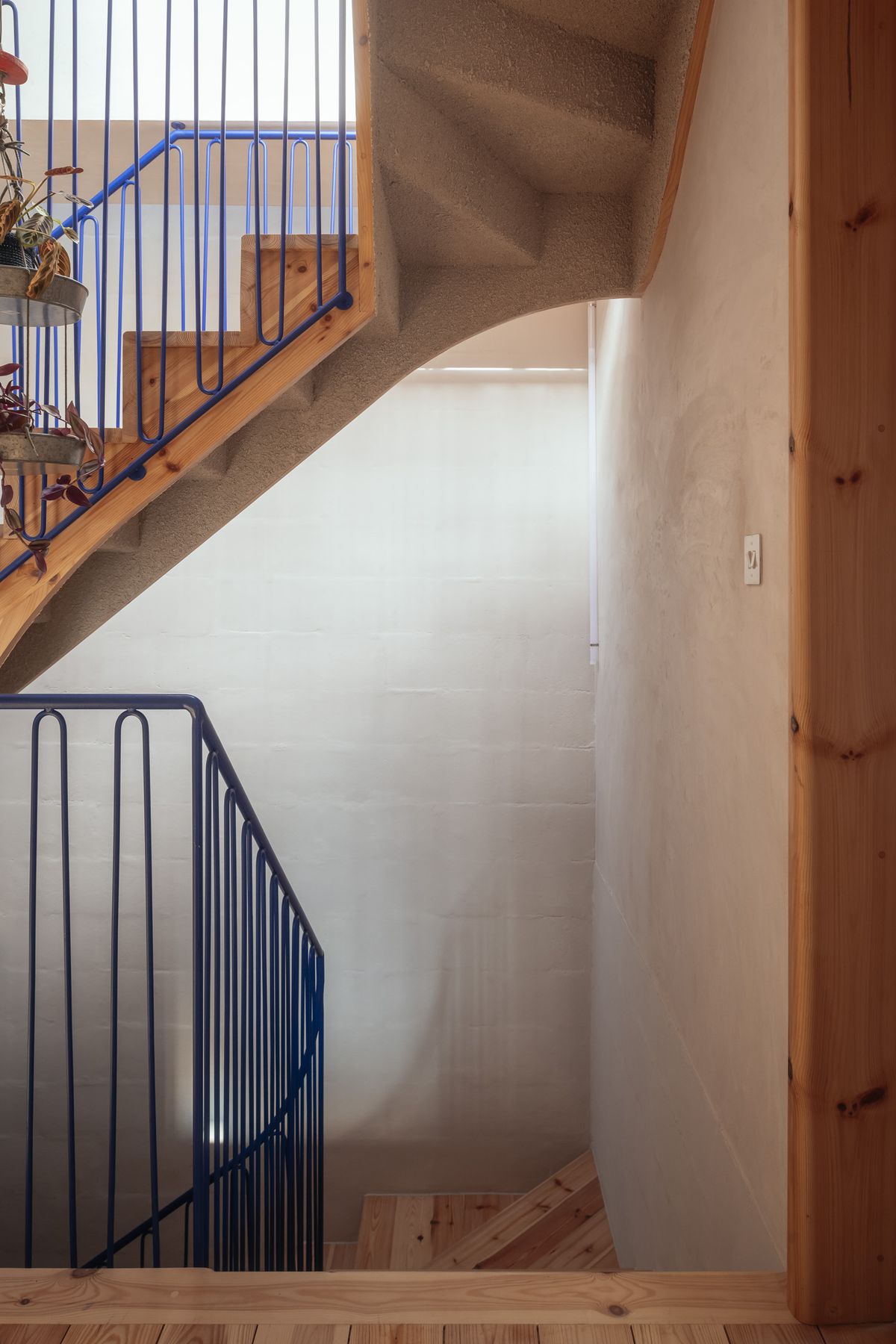 A wooden curved staircase with metal railings