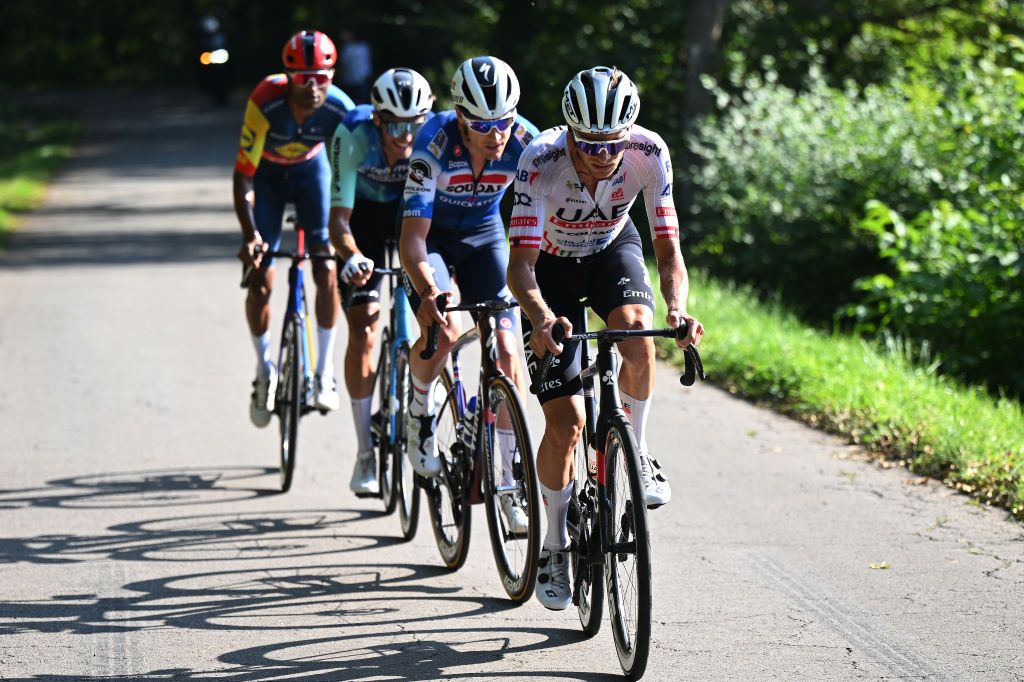 DIEKIRCH LUXEMBOURG SEPTEMBER 20 LR Louis Vervaeke of Belgium and Team Soudal QuickStep and Felix Grossschartner of Austria and UAE Team Emirates compete in the chase group during the 84th Tour de Luxembourg 2024 Stage 3 a 2013km stage from Rosport to Diekirch UCIWT on September 20 2024 in Diekirch Luxembourg Photo by Tim de WaeleGetty Images