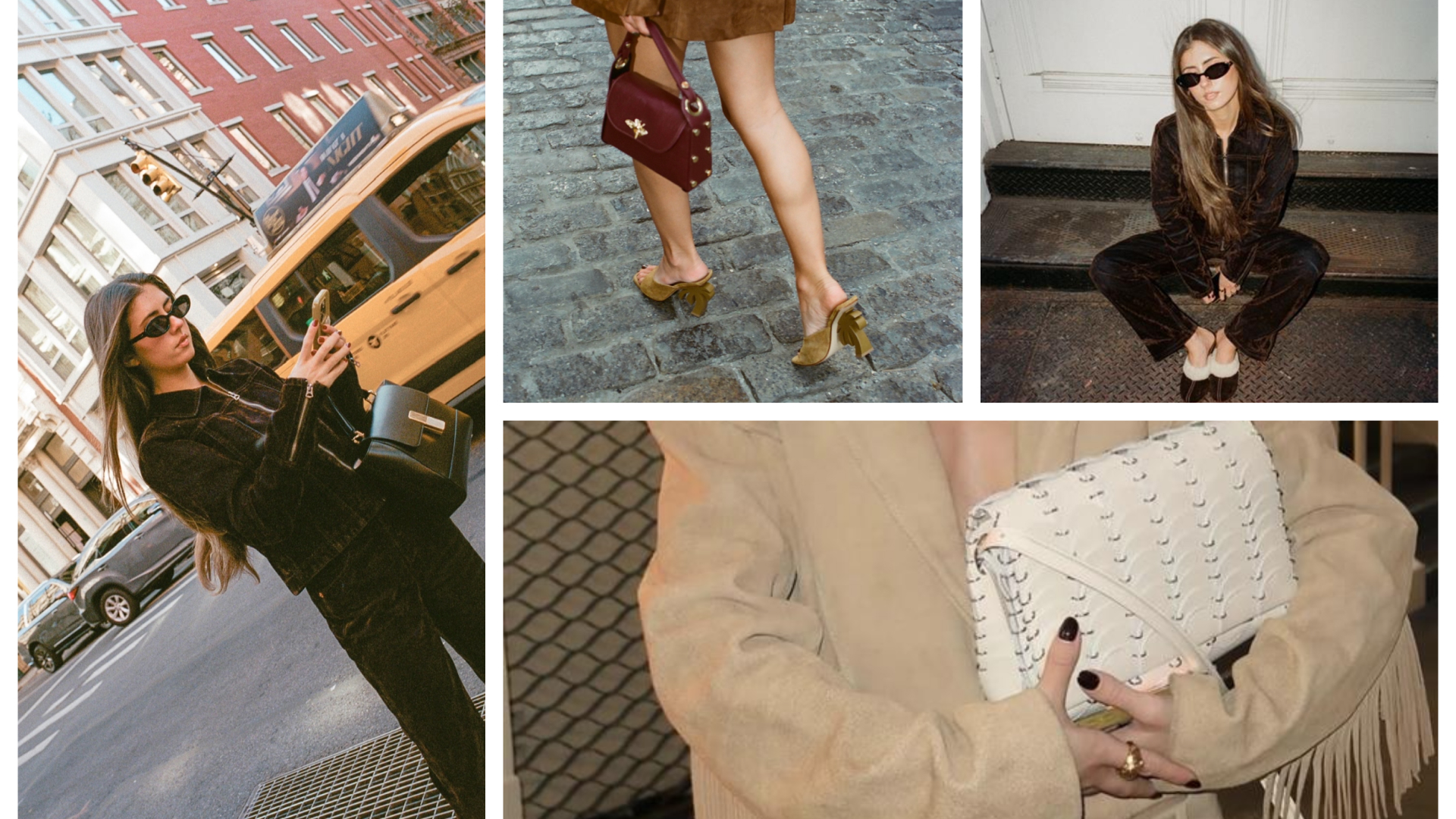 a collage of Jess Habich wearing a suede outfit in street style