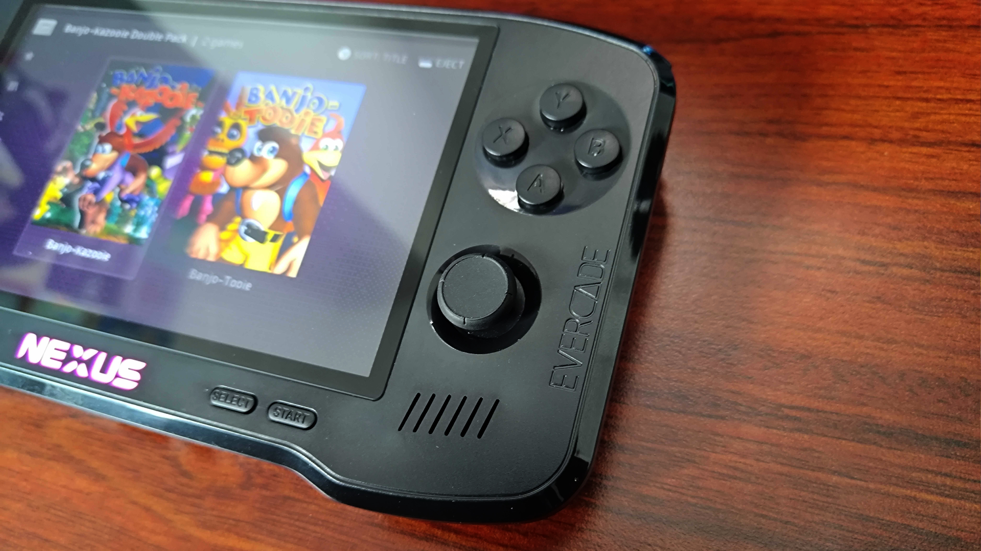 Close up of Evercade Nexus face buttons and right thumbstick.