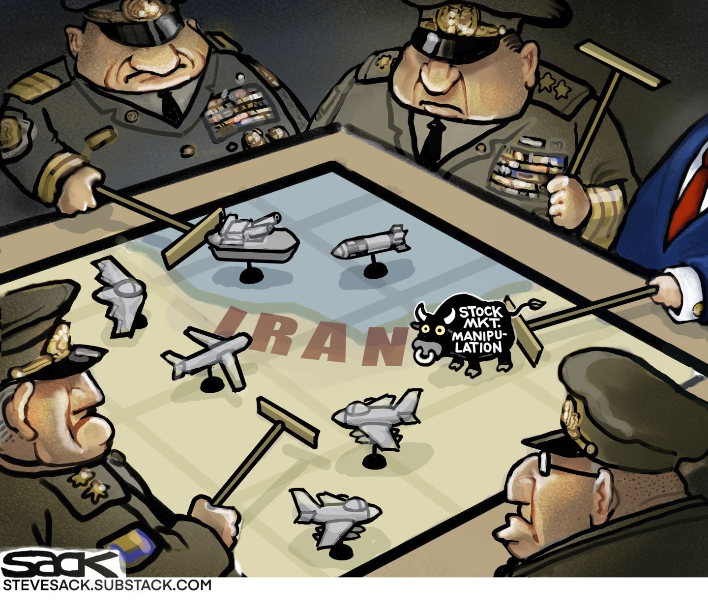 
                                This cartoon depicts four men in high-ranking military uniforms and Donald Trump around a table. The military men use sticks to war game out scenarios in Iran, including pushing fighter jets and war ships. Trump pushes in a scared-looking bull labeled “Stock Mkt. Manipulation”.
                            