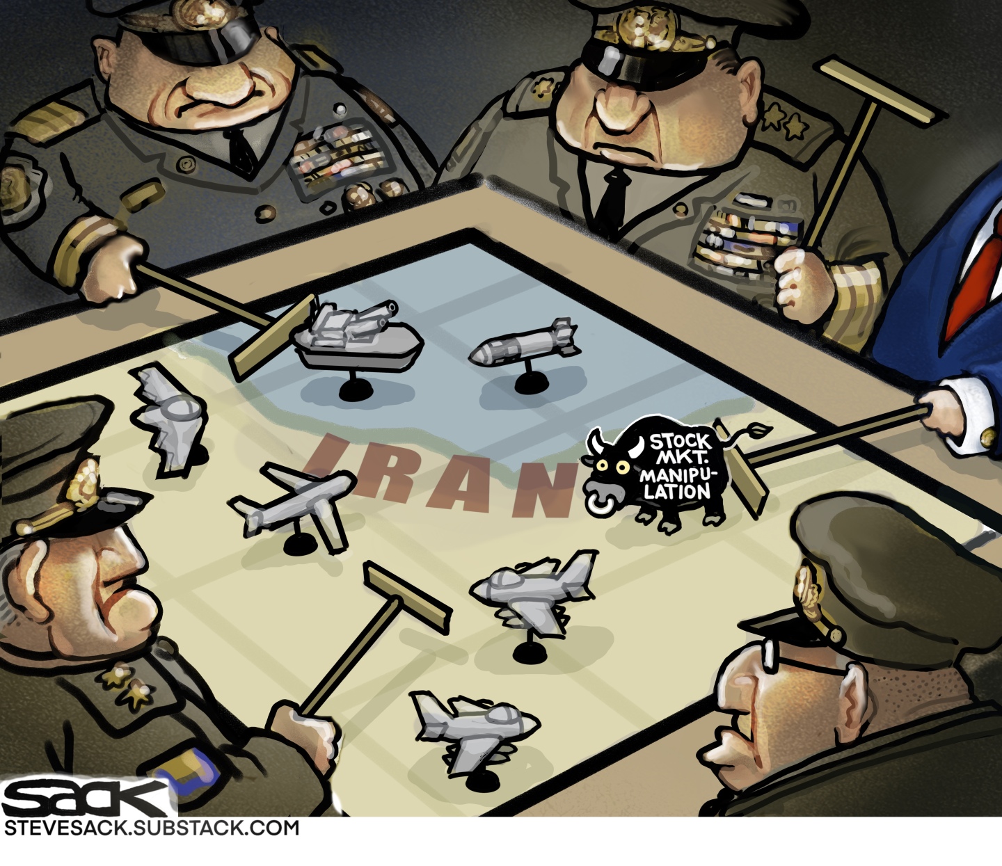 This cartoon depicts four men in high-ranking military uniforms and Donald Trump around a table. The military men use sticks to war game out scenarios in Iran, including pushing fighter jets and war ships. Trump pushes in a scared-looking bull labeled &amp;ldquo;Stock Mkt. Manipulation&amp;rdquo;.
