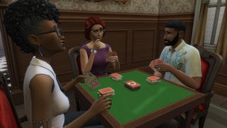 The Sims 4 mod - Explore Mode: Three Sims sit around a card table gambling togther.