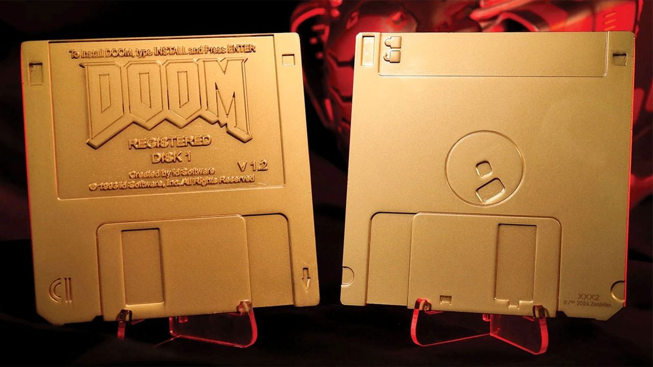 Commemorative golden Doom floppy disks go up for pre-order — pair of limited edition dummy ‘imitation gold plating’ disks and a box are $30 at GameStop