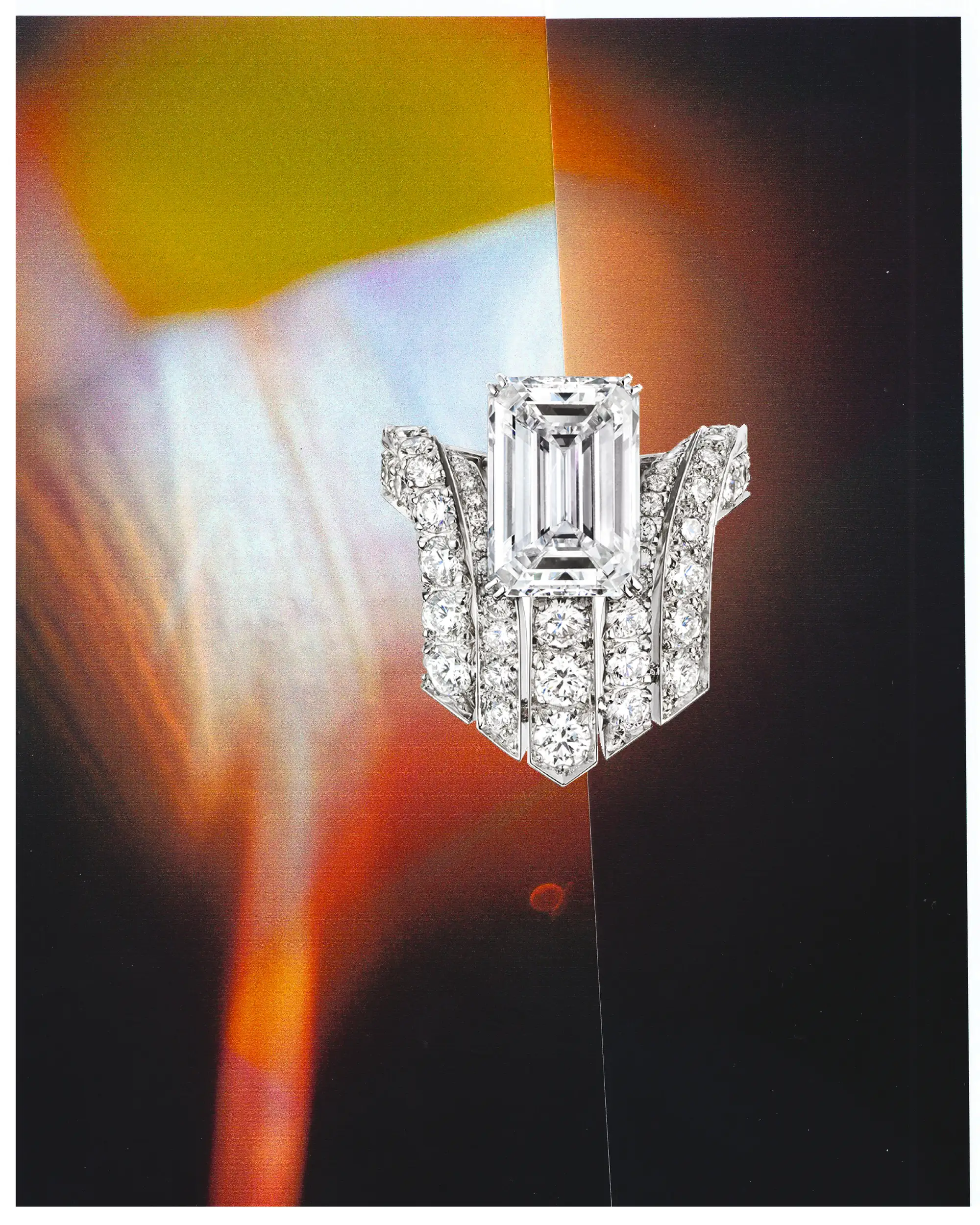 A ring in white gold set with one emerald-cut, 6.03-carat diamond and brilliant-cut diamonds