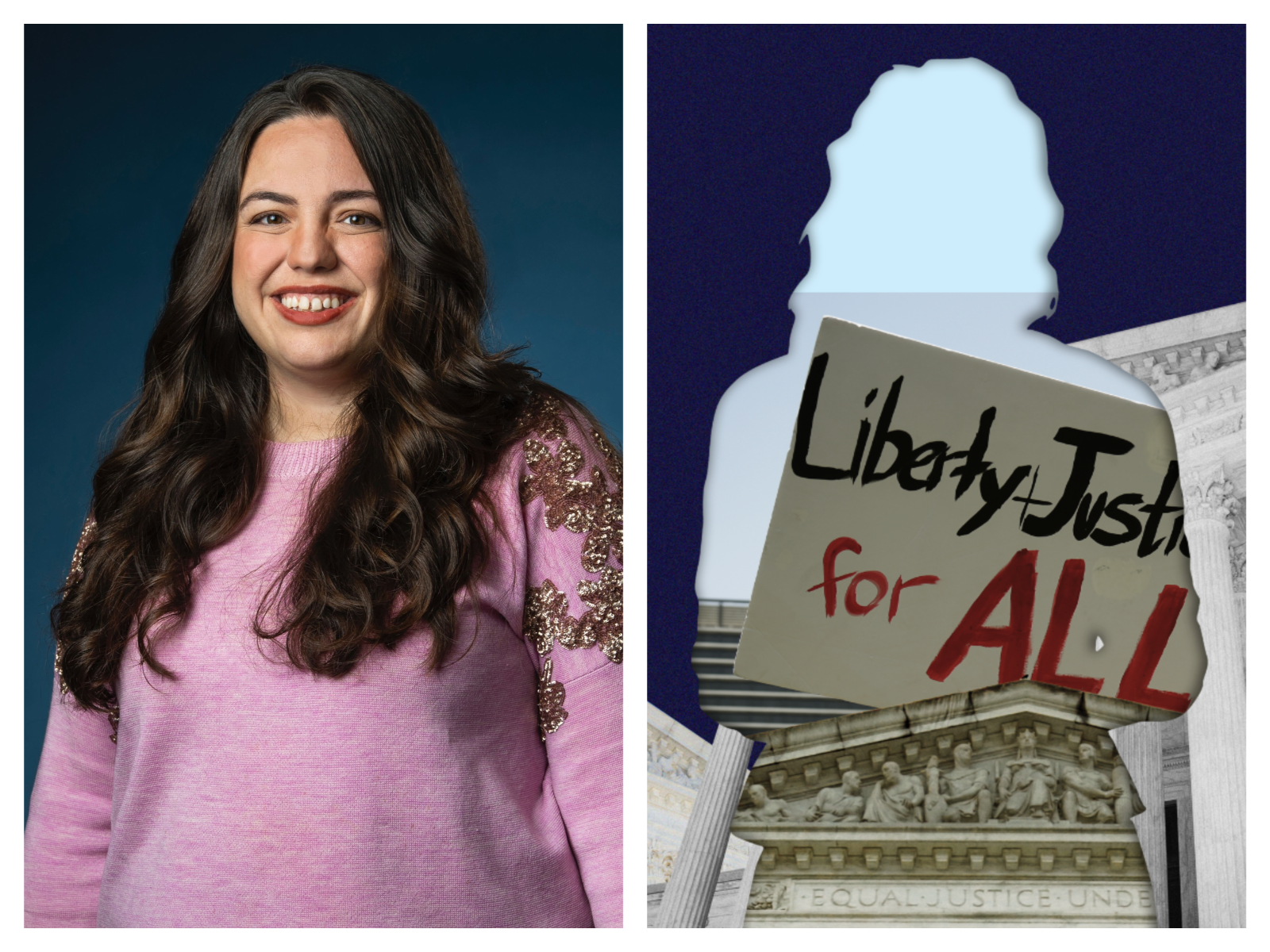 Side-by-side portraits of Conchita Cruz and an anonymous representation of Monica. On the left, Conchita is smiling in a pink sweater with floral detailing, her long dark hair loose over her shoulders. On the right, Monica is shown as a silhouetted figure holding a protest sign that reads &amp;ldquo;Liberty and Justice for All.&amp;rdquo;