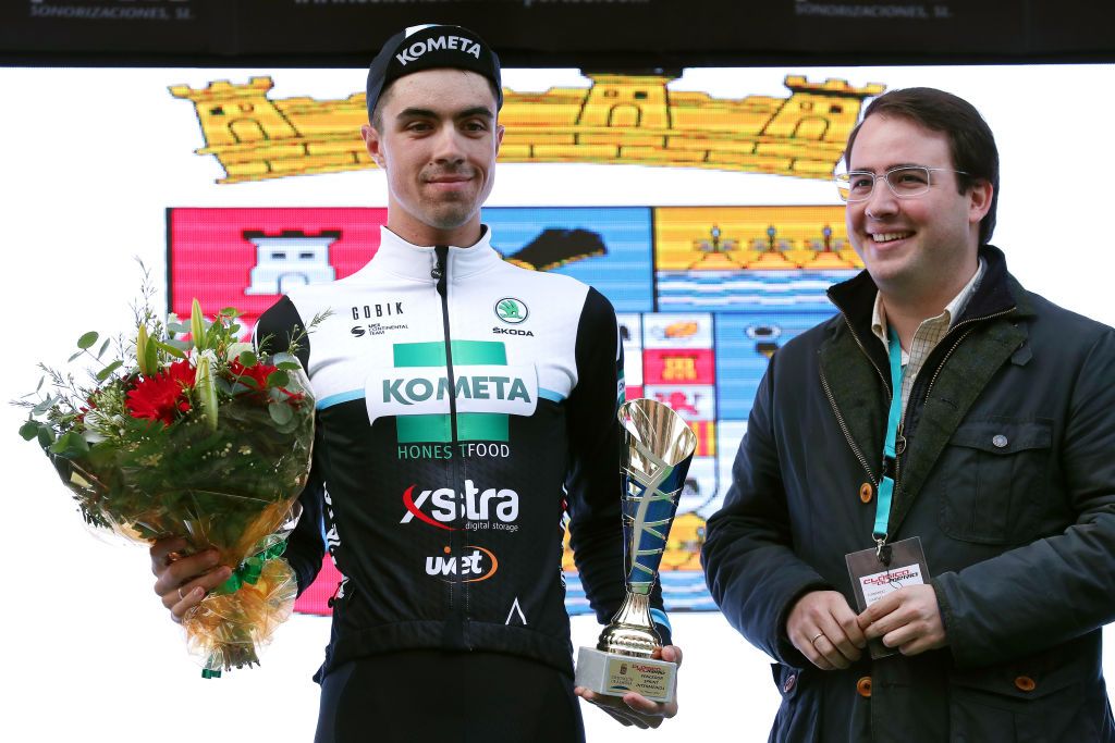 ROQUETAS DE MAR SPAIN FEBRUARY 16 Podium Daniel Viegas of Portugal and Team KometaXstra Sprint Trophy Celebration Hostess during the 33rd Clsica de Almera 2020 a 1876km stage from Roquetas de Mar to Roquetas de Mar ClasicaAlmeria on February 16 2020 in Roquetas de Mar Spain Photo by Gonzalo Arroyo MorenoGetty Images