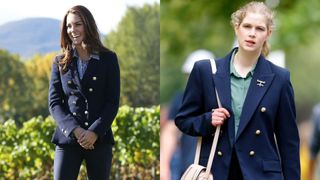 Kate Middleton and Lady Louise Windsor, both wearing navy blue blazers