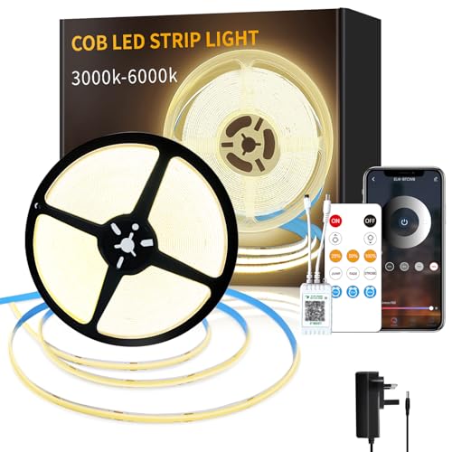 Yeewhale Cob Led Strip Lights 3000k 20m 24v Dimmable Warm White Led Strip Kit, With Remote and App Control and Ukca Power Supply Led Tape Lights for Diy Home Decoration