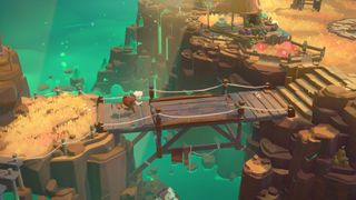 Moonlighter 2 screenshot showing the adventurer protagonist who has white hair and wears a backpack running across a bridge over green waters