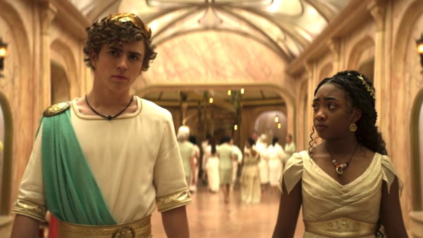 Walker Scobell and Leah Jeffries as Percy Jackson and Annabeth Chase as C.C.'s Resort and Spa in Season 2, Episode 5