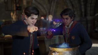 Hogwarts Legacy trailer - Two young wizards in class use wands on their cauldron