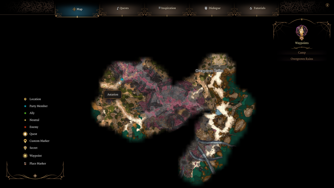 Baldur's Gate 3 - a map showing astarion's location south of the Overgrown Ruins waypoint