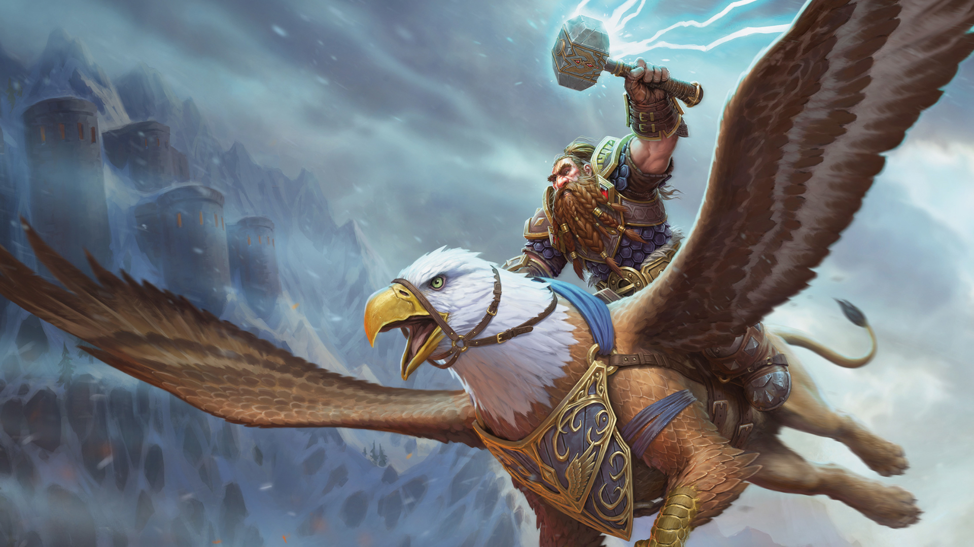 A dwarf riding a gryphon and wielding a lightning-struck hammer flies into a snowy environment