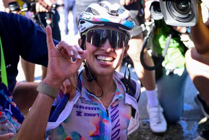 Kasia Niewiadoma-Phinney (Canyon/SRAM) after crossing the finish line to win stage 7 of the Tour de France Femmes 2026 (Photo by NICOLAS TUCAT / AFP)