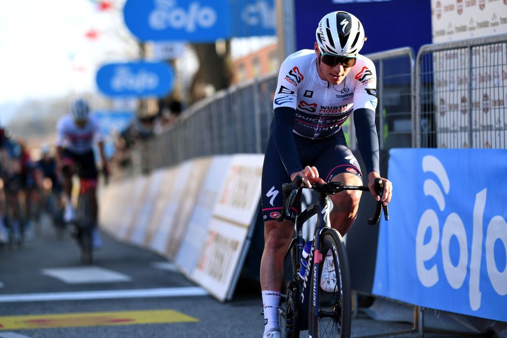 BELLANTE ITALY MARCH 10 Remco Evenepoel of Belgium and Team QuickStep Alpha Vinyl White Best Young Rider Jersey crosses the finish line during the 57th TirrenoAdriatico 2022 Stage 4 a 202km stage from Cascata delle Marmore to Bellante 345m TirrenoAdriatico WorldTour on March 10 2022 in Bellante Italy Photo by Tim de WaeleGetty Images