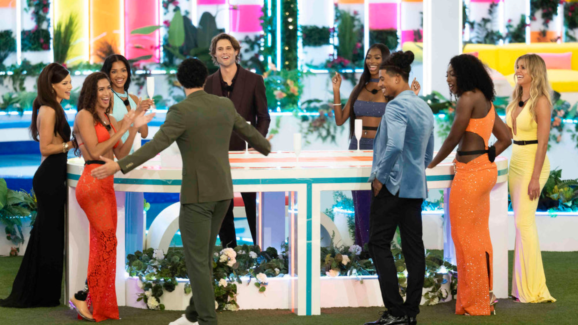 l-r Ariana Madix, Beatriz Alexa Hatz, Melanie Moreno, Bryce Alakai Dettloff, Trinity Tatum, Sincere Rhea, Aniya Harvey, and Kenzie Annis in the 'Love Island USA' season 8 premiere.