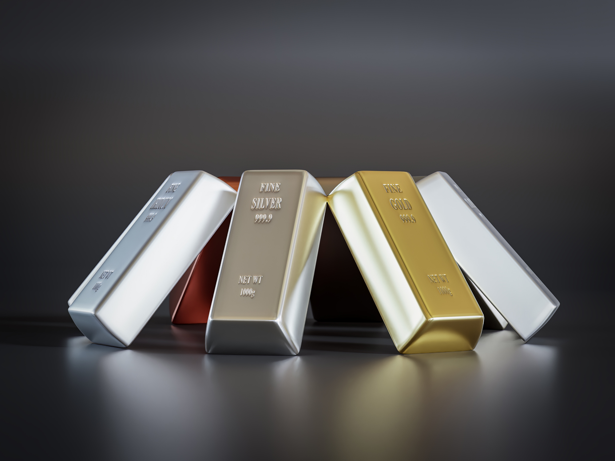 eight common precious metal bars arranged into prism on black background