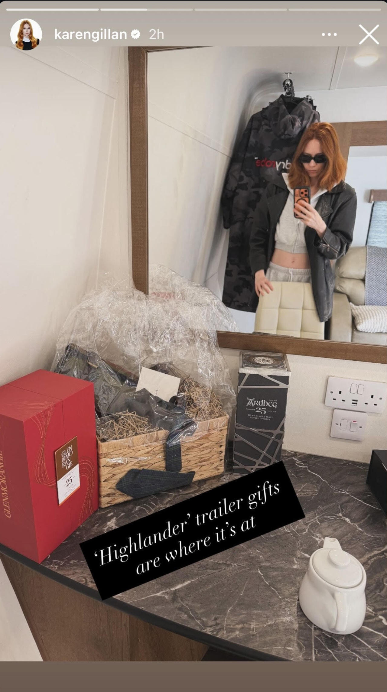 Karen Gillan's Instagram stories of trailer gifts given on the set of Highlander.