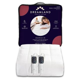 The Dreamland Organic Cotton Heated Mattress Protector packaging and blanket with two controls pictured