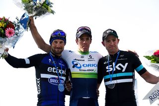 Australias Mathew Hayman, second-placed Tom Boonen and thirdplaced Great Britains Ian Stannard R celebrate on the podium at the end of the 114th edition of the ParisRoubaix oneday classic cycling race between Compiegne and Roubaix on April 10 2016 in Roubaix northern France AFP PHOTO FRANCOIS LO PRESTI AFP FRANCOIS LO PRESTI Photo credit should read FRANCOIS LO PRESTIAFP via Getty Images