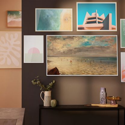 samsung frame tv displaying artwork in open plan living area