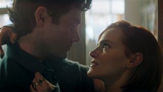 Penn Badgley and Madeline Brewer look into each others eyes in You