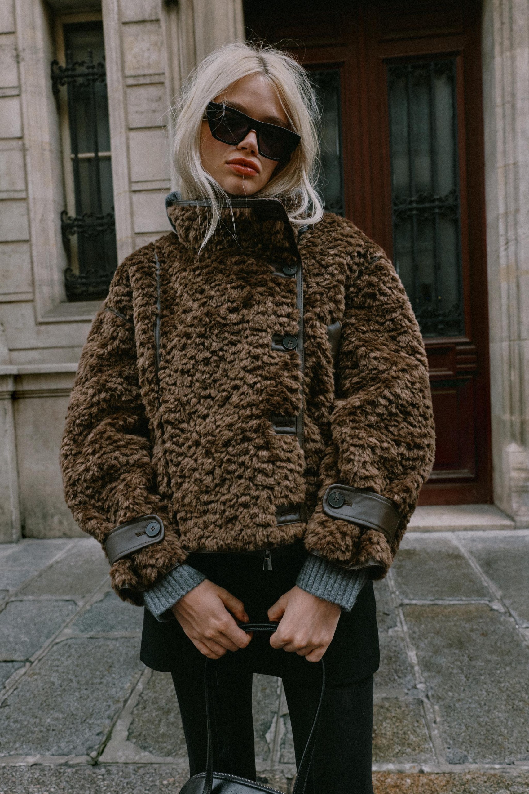 Contrast Faux Fur Jacket - Brown - Xs